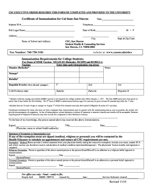 Certificate of Immunization for Cal State San Marcos