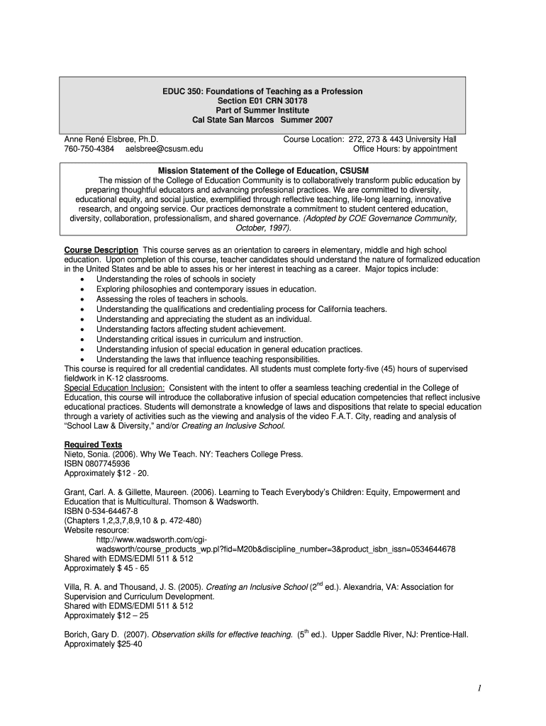 Anne Ren Elsbree, Ph D Course Location: 272, 273 and 443 Preview on Page 1