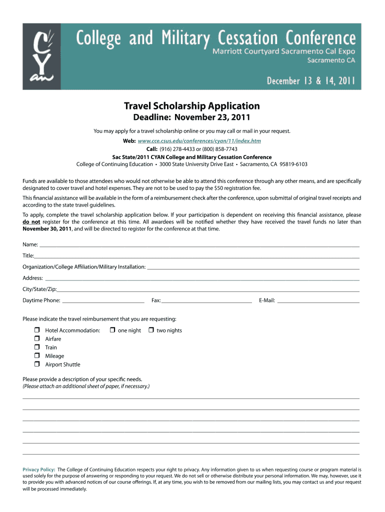 You may apply for a travel scholarship online or you may call or mail in your request - cce csus Preview on Page 1