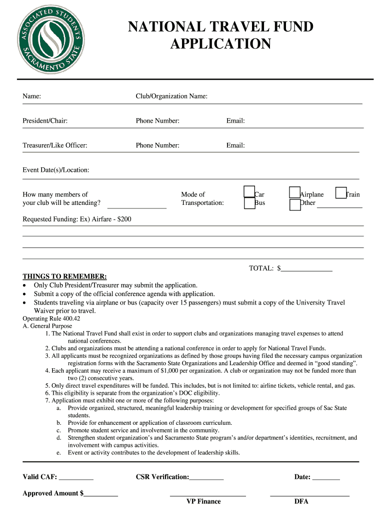 NATIONAL TRAVEL FUND APPLICATION - Associated Students, Inc Preview on Page 1