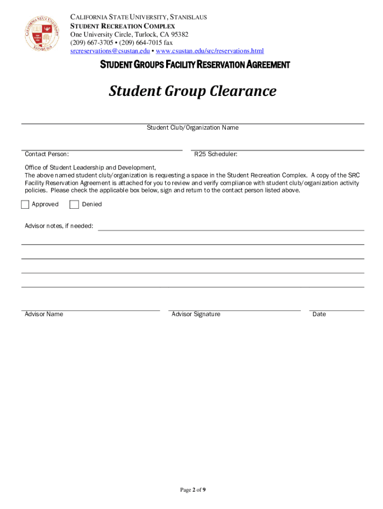Student Groups Facility Reservation Agreement - CSU Stanislaus Preview on Page 1
