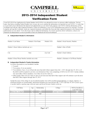 2013-2014 Independent Student Verification Form