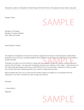 Sample Letter to Student Informing Him/Her that a Subpoena has ... - campbell