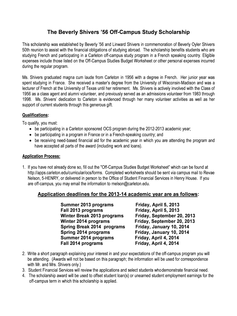 The Beverly Shivers 56 Off-Campus Study Scholarship Preview on Page 1