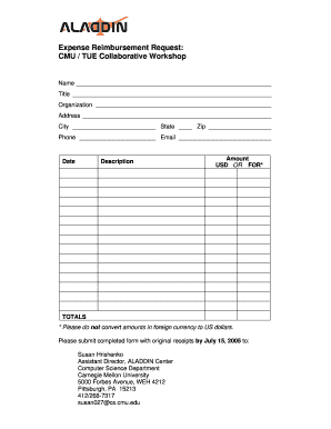 Expense reimbursement sheet - Expense reimbursement form - Aladdin - Carnegie Mellon University - aladdin cs cmu