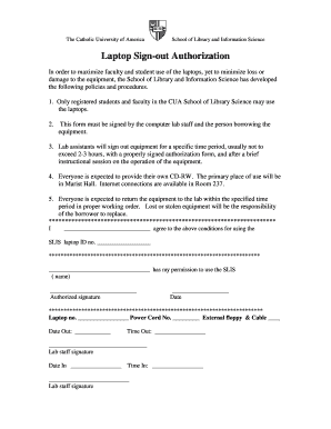 Laptop Sign-Out Authorization Form - The Catholic University of ... - slis cua