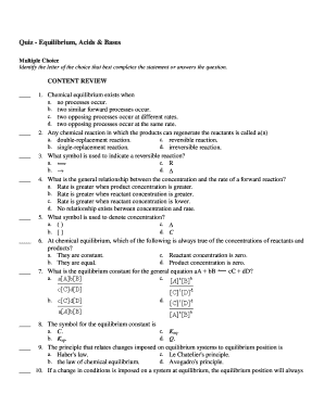 Chemistry Quiz - Equilibrium, Acids & Bases