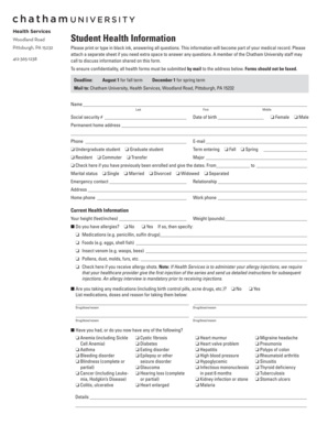 Chatham University Student Health Information Form