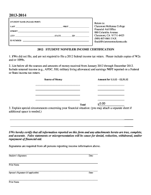 2012 Student Nonfiler Income Certification