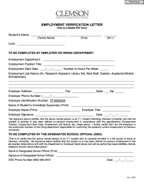 Printable employment verification letter - clemson university employment verification