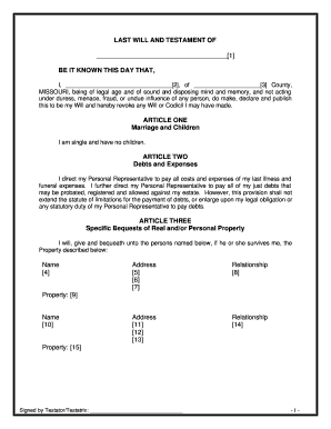 Missouri Legal Last Will and Testament Form for Single Person with No Children