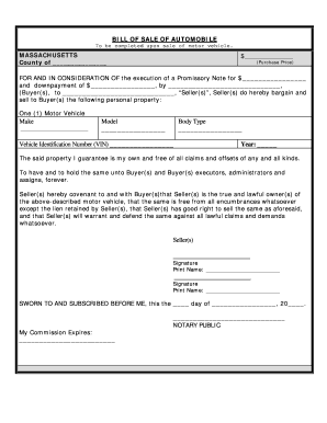 Massachusetts Bill of Sale for Automobile or Vehicle including Odometer Statement and Promissory Note