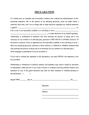 Nevada Statutory Healthcare Declaration - Withholding or Withdrawing Life-Sustaining Treatment by an Appointee, Allowing Another to Make Decisions