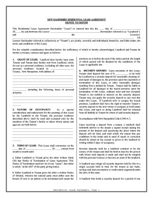 New Hampshire Residential Lease or Rental Agreement for Month to Month