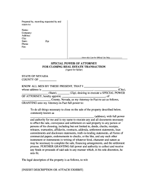Special power of attorney sample for authorization - Nevada Special or Limited Power of Attorney for Real Estate Sales Transaction By Seller