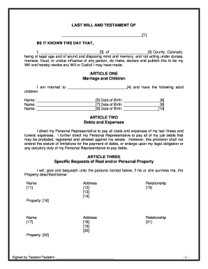 Colorado Legal Last Will and Testament Form for Married person with Adult Children