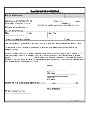 District of Columbia Bill of Sale of Automobile and Odometer Statement