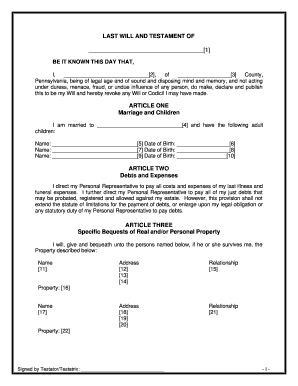 Pennsylvania Legal Last Will and Testament Form for Married person with Adult Children