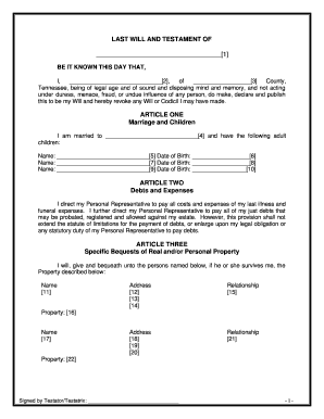 Tennessee Legal Last Will and Testament Form for Married person with Adult Children