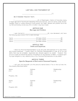 District of Columbia Legal Last Will and Testament Form for a Widow or Widower with Adult Children