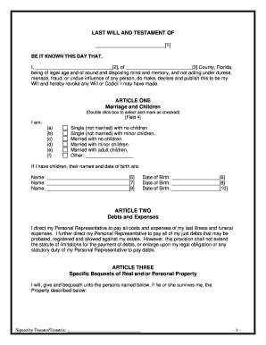 Florida Last Will and Testament for other Persons