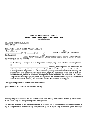 Sample power of attorney for property - North Carolina Special or Limited Power of Attorney for Real Estate Purchase Transaction by Purchaser