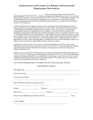 Authorization and Consent for Release of Personal and Employment Information