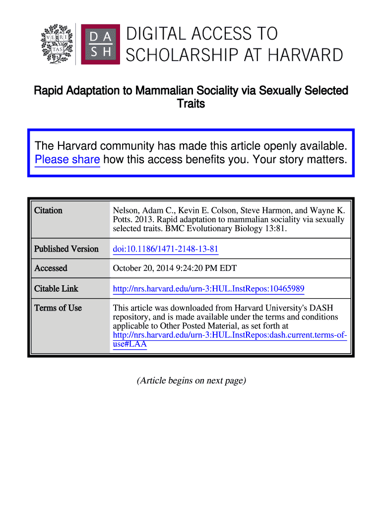 Rapid Adaptation to Mammalian Sociality via Sexually Selected - dash harvard Preview on Page 1