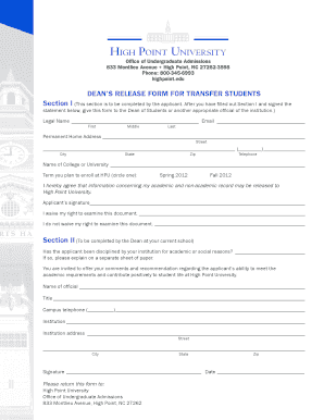Dean’s Release Form for Transfer Students