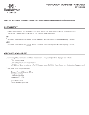 2013-2014 Verification Worksheet Checklist