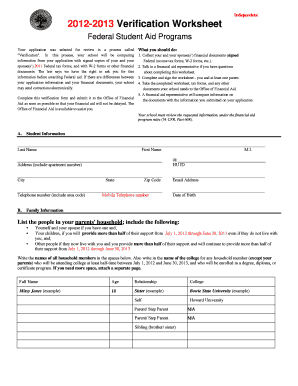 2012-2013 Independent Verification Worksheet