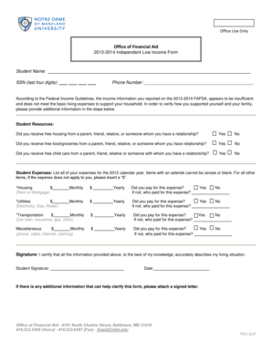 2013-2014 Independent Low Income Form
