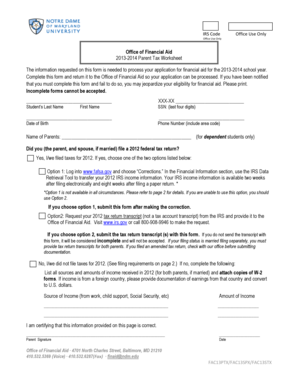2013-2014 Parent Tax Worksheet