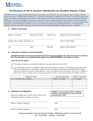2012 Income Verification Form for Student Nontax Filers