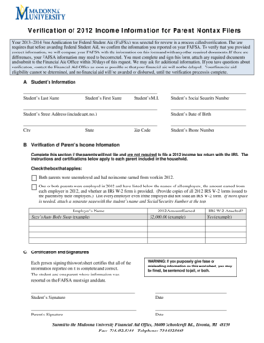 2012 Income Verification Form for Parent Nontax Filers