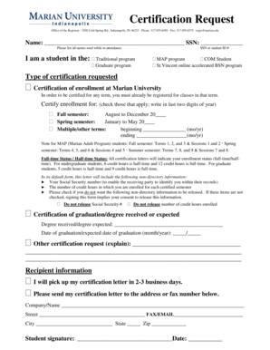 Marian University Certification Request