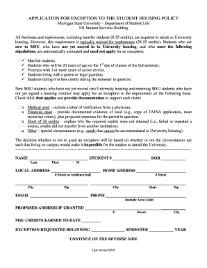 Michigan State University Student Housing Policy Exception Application