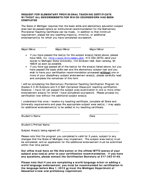 Michigan Elementary Provisional Teaching Certificate Request