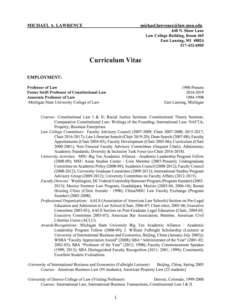 Curriculum Vitae - the Michigan State University College of Law Preview on Page 1