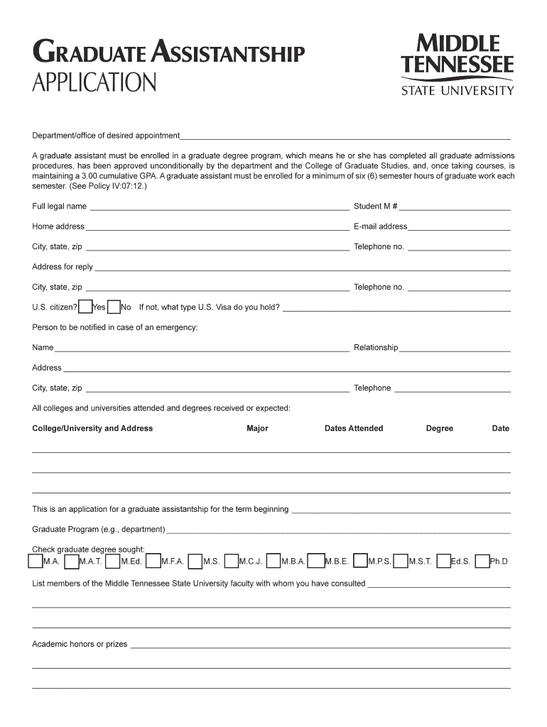Graduate Assistantship Application - Middle Tennessee State Preview on Page 1