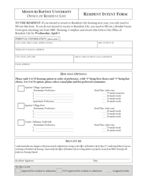 Missouri Baptist University Resident Intent Form
