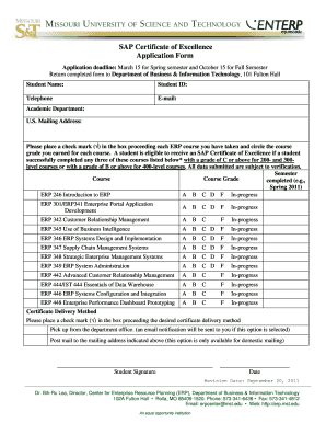 SAP Certificate of Excellence Application Form - Center for ERP - erp mst