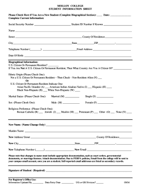 Molloy College Student Information Sheet