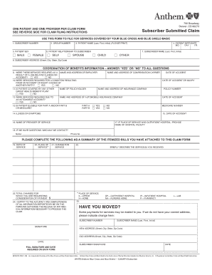 Blue Cross and Blue Shield Subscriber Claim Form