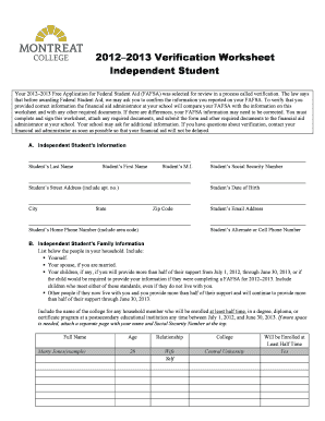 2012–2013 Verification Worksheet