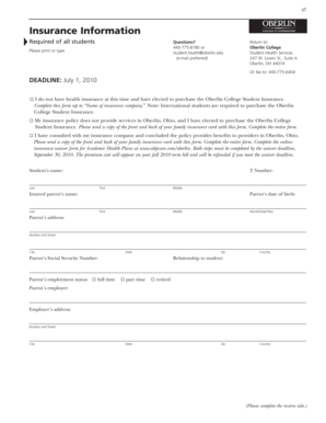 Oberlin College Student Insurance Form