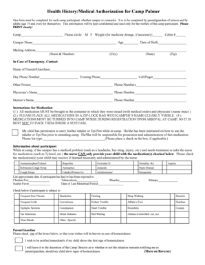 Health History/Medical Authorization for Camp Palmer