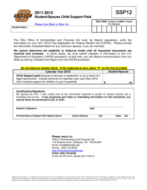 2011-2012 Student/Spouse Child Support Paid Form