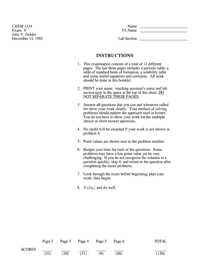 Exam V Fall 1992 - CHEM 1314 Preview on Page 1