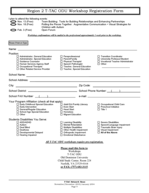 Region 2 T-TAC ODU Workshop Registration Form I plan to attend the following events: Nov - ttac odu